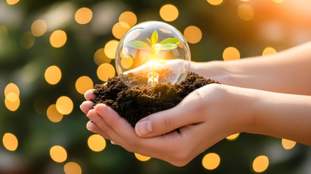 Hands holding a glass globe with a green sprout growing in the ground and bokeh backgroundの素材