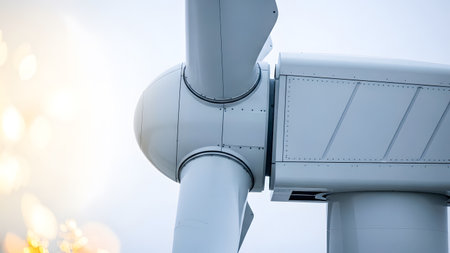 Close up of wind turbine on white background. Alternative energy concept.の素材
