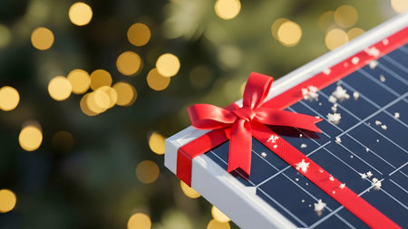 solar panel with red ribbon on bokeh christmas backgroundの素材