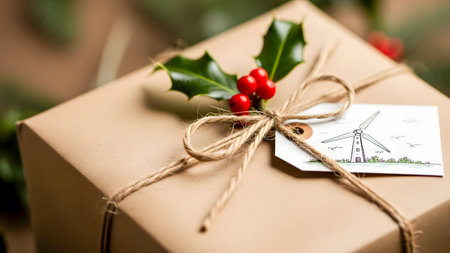 Christmas gift wrapped in kraft paper and tied with twine.の素材
