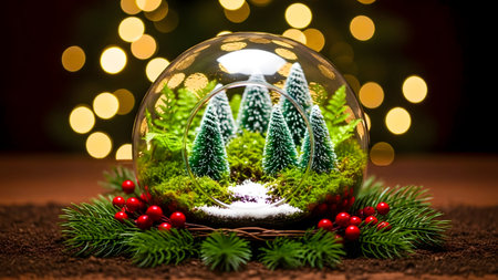 Christmas tree in a crystal ball with bokeh lights on backgroundの素材