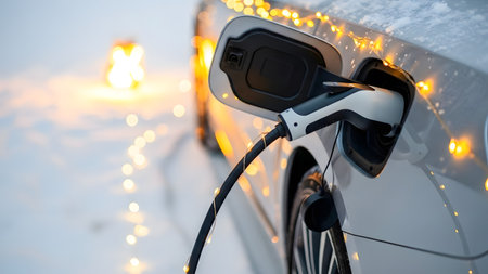 Charging an electric car in the winter. Close-up.の素材