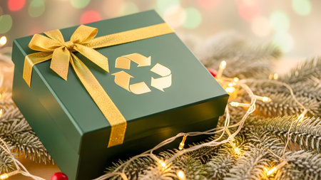 Gift box with recycle symbol and christmas lights on bokeh backgroundの素材