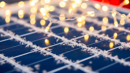 Solar panel with glowing garland and snowflakes close-upの素材