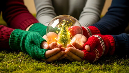 Hands holding glass ball with christmas tree inside on green grassの素材