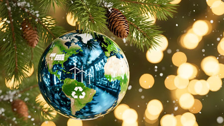 Christmas and New Year holidays background with green fir tree branches and globesの素材