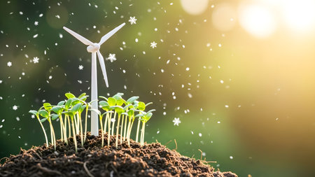 Green seedling growing in soil with wind turbine on bokeh backgroundの素材