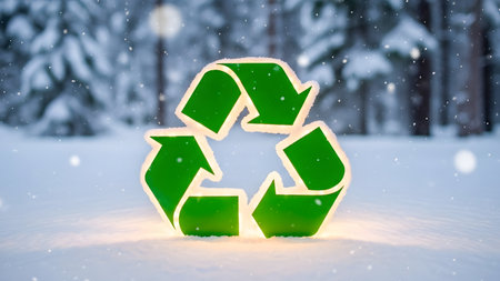 3D rendering of a green recycling symbol on a snowy forest backgroundの素材