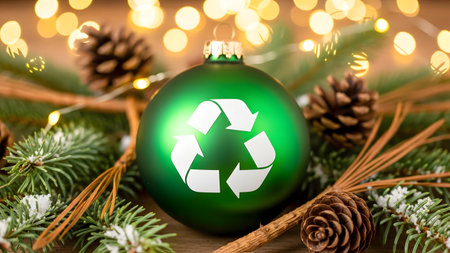 Green Christmas ball with recycle sign on bokeh background, environment conceptの素材