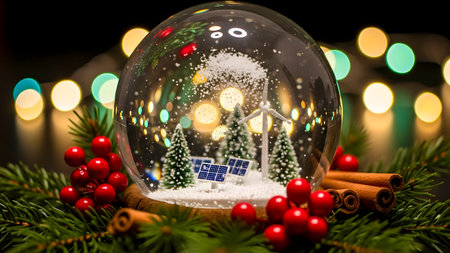 Snow globe with christmas decoration on bokeh lights background.の素材