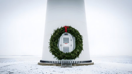 3d rendering of a white wind turbine with christmas wreathの素材
