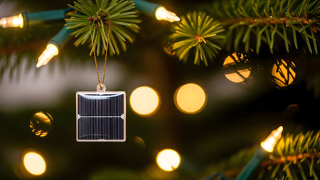 solar panel hanging on christmas tree with bokeh backgroundの素材