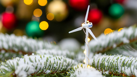 Wind turbine on christmas tree with snow and bokeh backgroundの素材