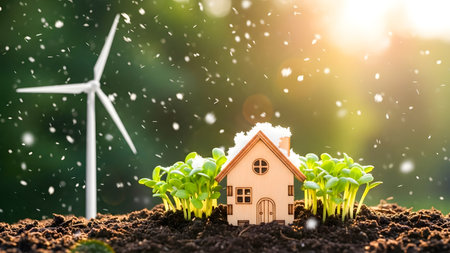 Miniature house with green seedling and windmill on nature backgroundの素材