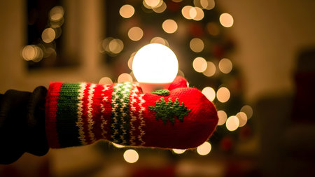 Christmas and New Year background with bokeh lights and hand in woolen glovesの素材