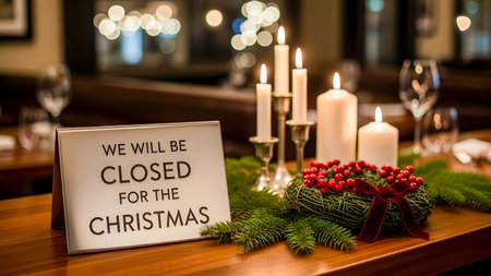 Wedding table setting with christmas decorations and candles in restaurantの素材