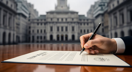 Close-up of human hand writing in contract on wooden table with city backgroundの素材