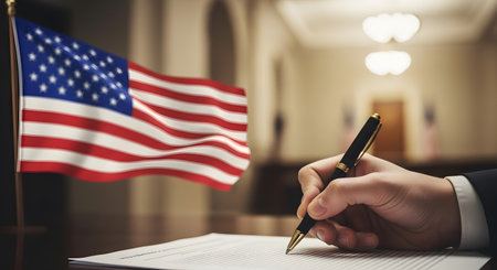Lawyer or judge hand with pen writing in a notepad on the background of the american flagの素材
