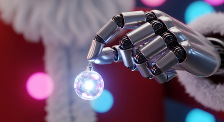 Robot hand holding christmas bauble on bokeh background. 3d illustrationの素材