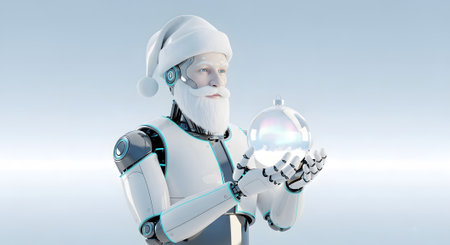 Robot in Santa Claus costume holding a crystal ball. 3D rendering.の素材