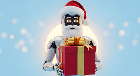 Robot Santa Claus holding a gift box. 3d illustration.の素材