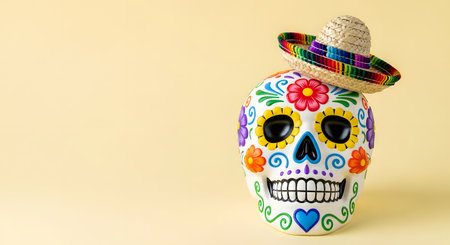 Mexican sugar skull with sombrero and maracas on yellow backgroundの素材