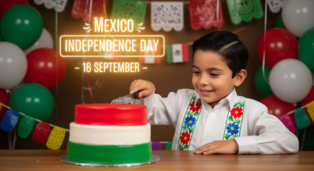 Cute little boy with birthday cake at table against christmas decorationの素材