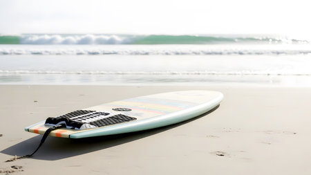 Surfboard on the beach with waves in the background. Soft focus.の素材