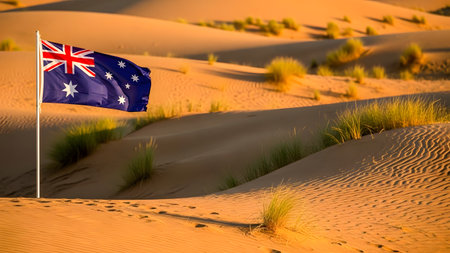 Australia flag waving in the desert sand dunes. Australian travel concept.の素材