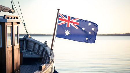 Flag of Australia on a boat at sunset. Concept of Australian travelの素材
