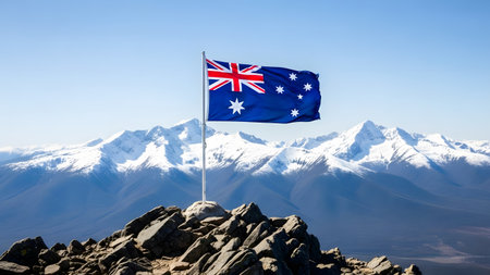 Australia flag waving on top of a mountain with snow capped mountains in the backgroundの素材