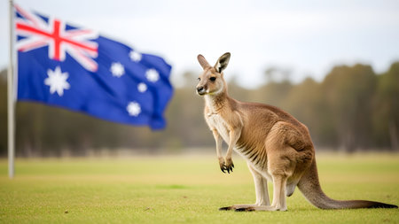 Kangaroo on the grass with australian flag in backgroundの素材