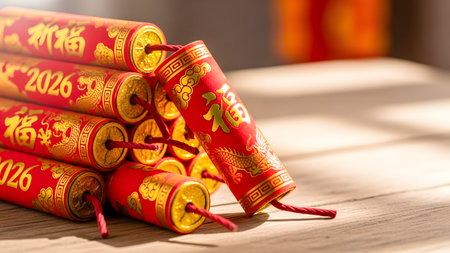 Chinese New Year Firecrackers on a wooden background with copy spaceの素材