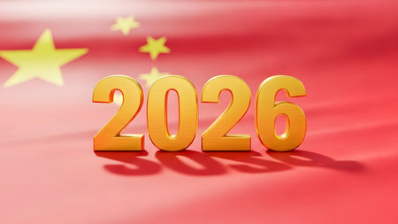 3D Illustration of New Year 2016 on the Chinese Flag Backgroundの素材