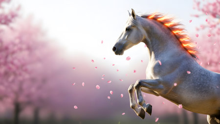Beautiful white horse with a red mane runs gallop in the spring cherry blossom gardenの素材