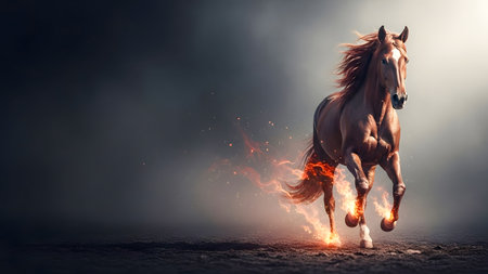 Horse run gallop on dark background with fire in the airの素材