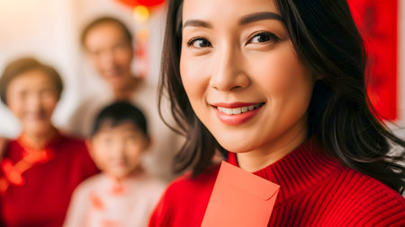 happy asian woman in chinese new year costume holding red envelopeの素材
