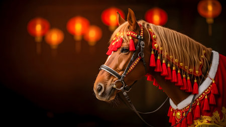 Horse portrait in traditional costume with red lanterns in the backgroundの素材