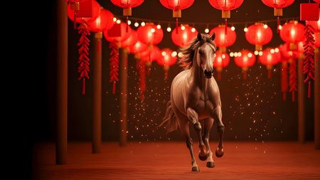Horse in red lanterns. Chinese New Year concept. 3D renderingの素材