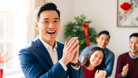 Happy asian business man clapping hands with group of people in backgroundの素材