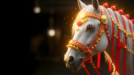 White horse head with red chinese ornaments on dark backgroundの素材
