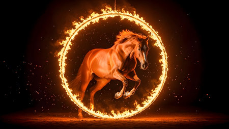 Horse in the fire with a ring of fire on a black backgroundの素材