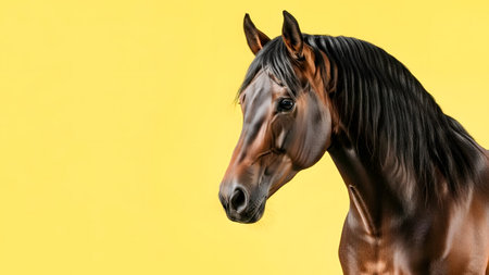 Portrait of a purebred bay stallion on a yellow backgroundの素材