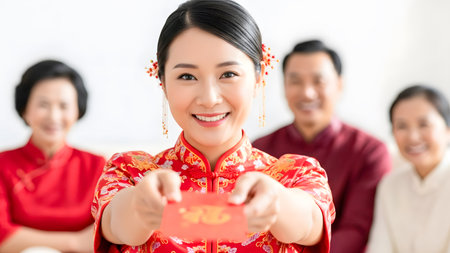 Chinese New Year - portrait of happy asian woman holding red envelopeの素材
