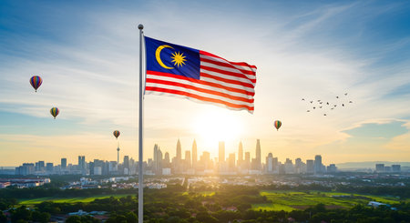 The national flag of Malaysia waving in the wind over the city at sunriseの素材