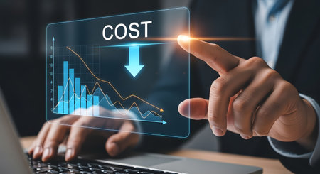 Cost reduction concept on virtual screen. Business, technology and internet concept.の素材