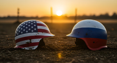 American and Russian military helmets on the field at sunset. Selective focus.の素材