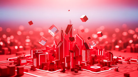 3d render of abstract city with flying cubes. 3d illustration.の素材