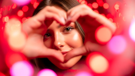 Beautiful young woman making a heart shape with her hands and eyes.の素材