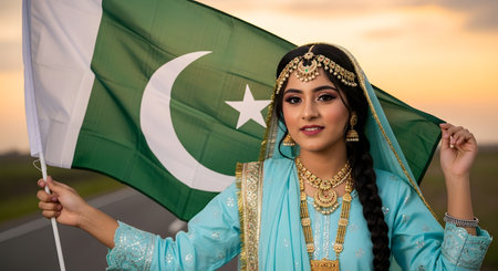 Beautiful indian woman in saree with pakistan flagの素材